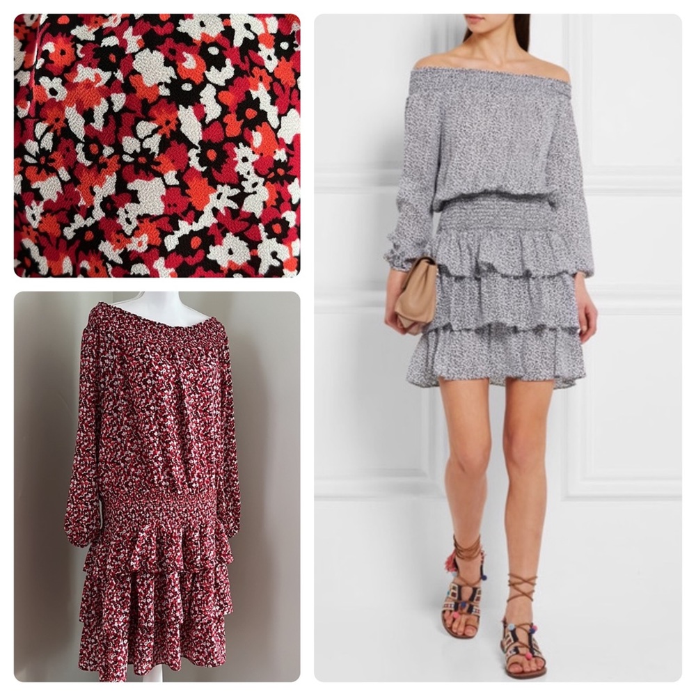 MICHAEL KORS Floral Off-the-Shoulder Long Sleeve Smocked Waist Tiered Dress